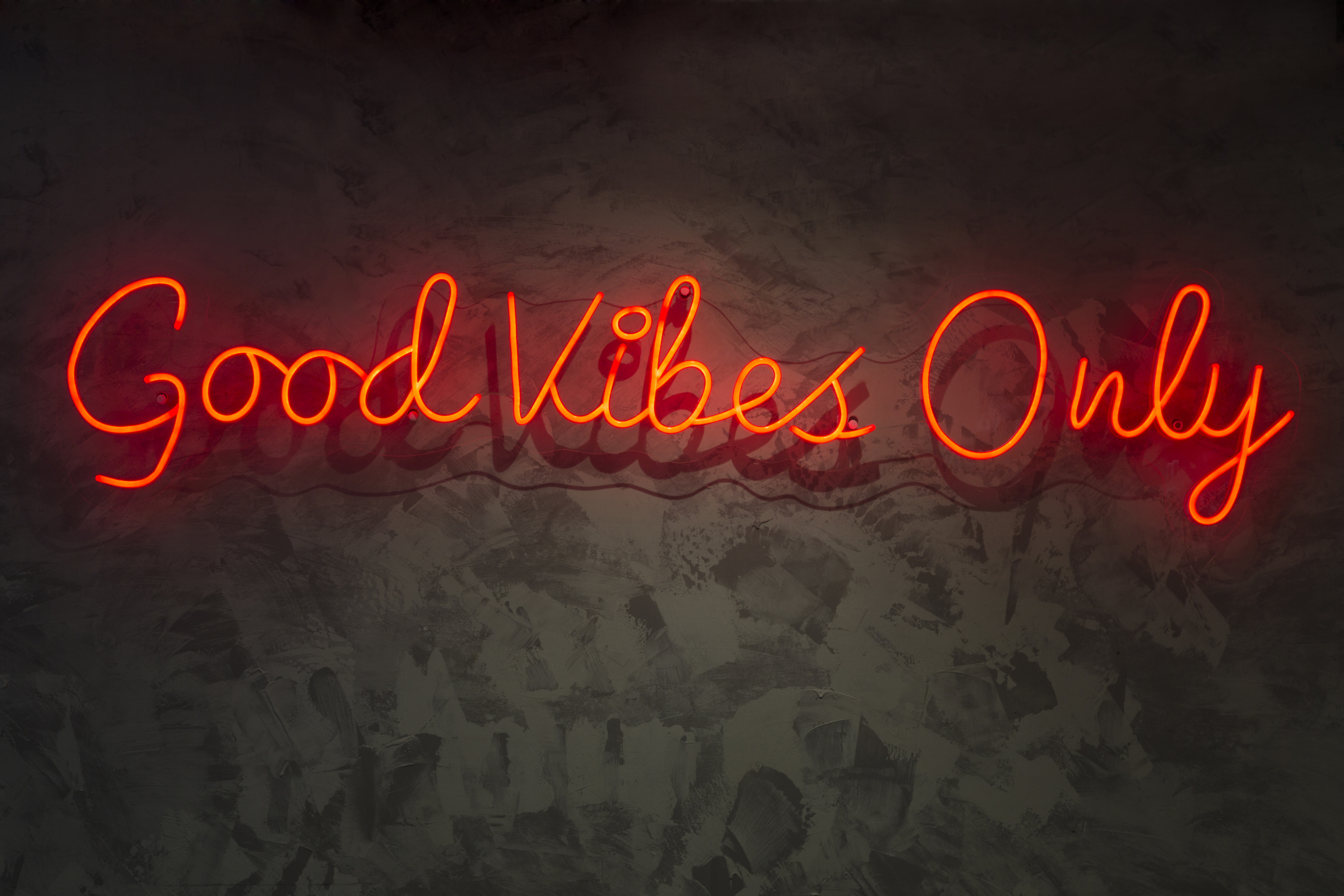 Neon with the word good vibes only, on wall texture.